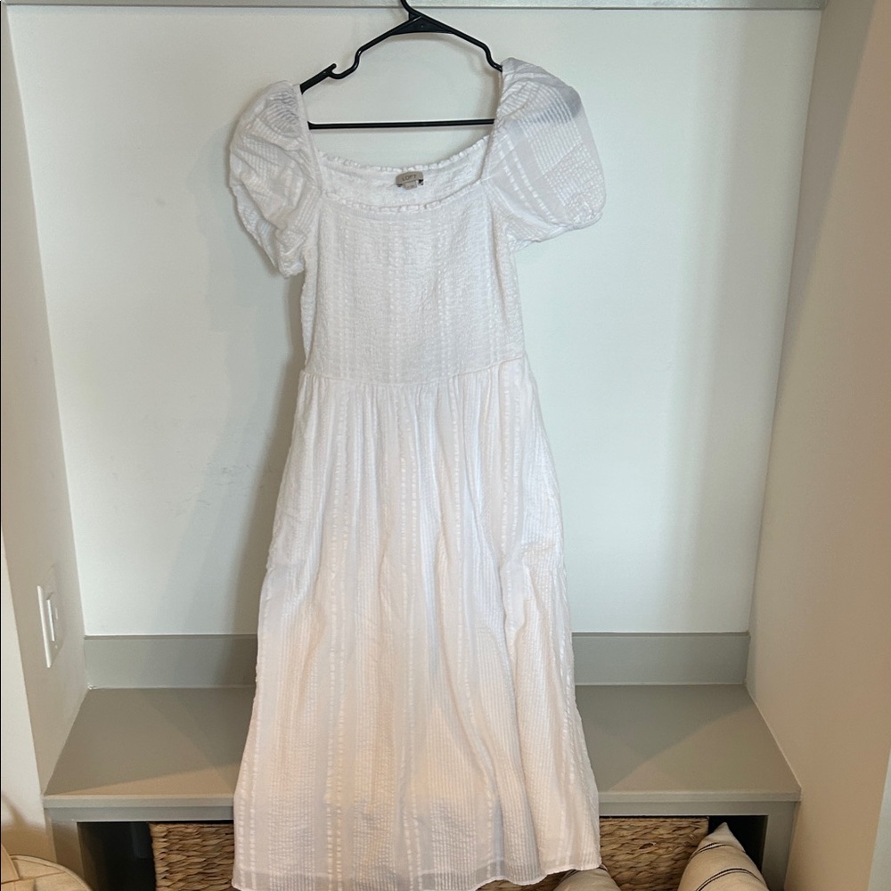 LOFT White Midi Dress with Puff Sleeves